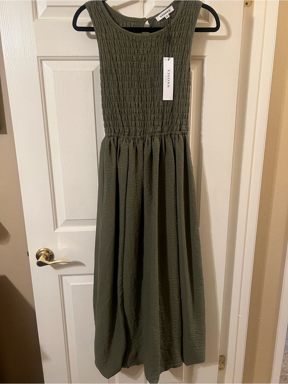 NWT Vigoss Olive Green Smocked Tank Bubble Maxi Dress Size Small